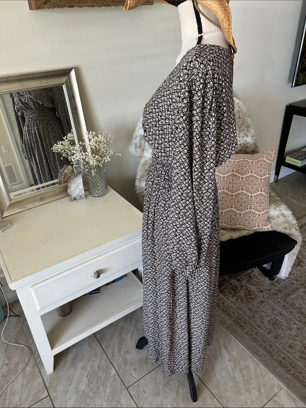 Gap V neck smocked waist brown floral cottage long balloon sleeve maxi dress L - Picture 6 of 13
